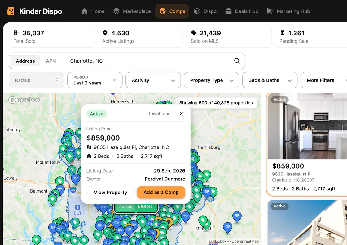 Comps map with on- and off-market sales, shown with sample data