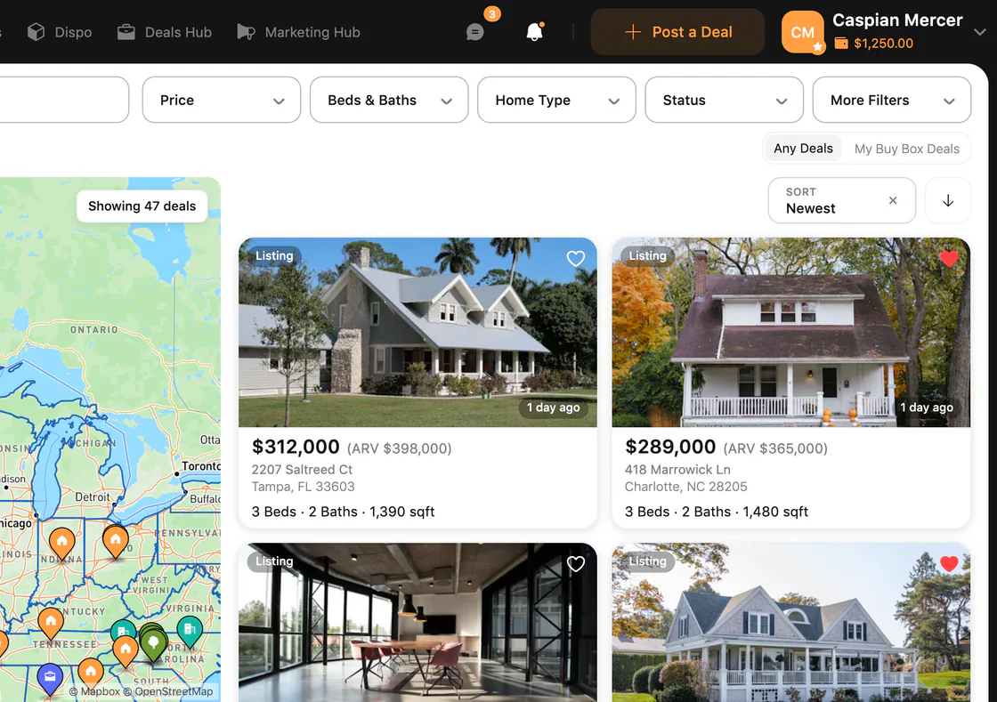 Deal marketplace of investor listings, shown with sample data